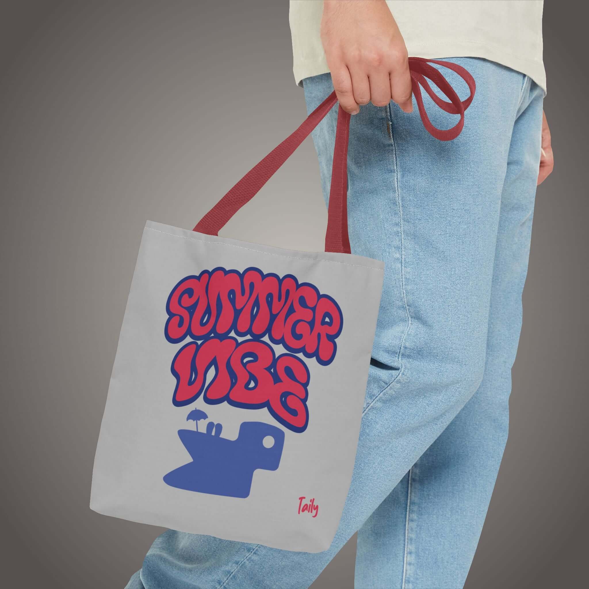 Light grey Summer Vibe tote bag with bold lettering, ideal for casual outings and stylish everyday use.