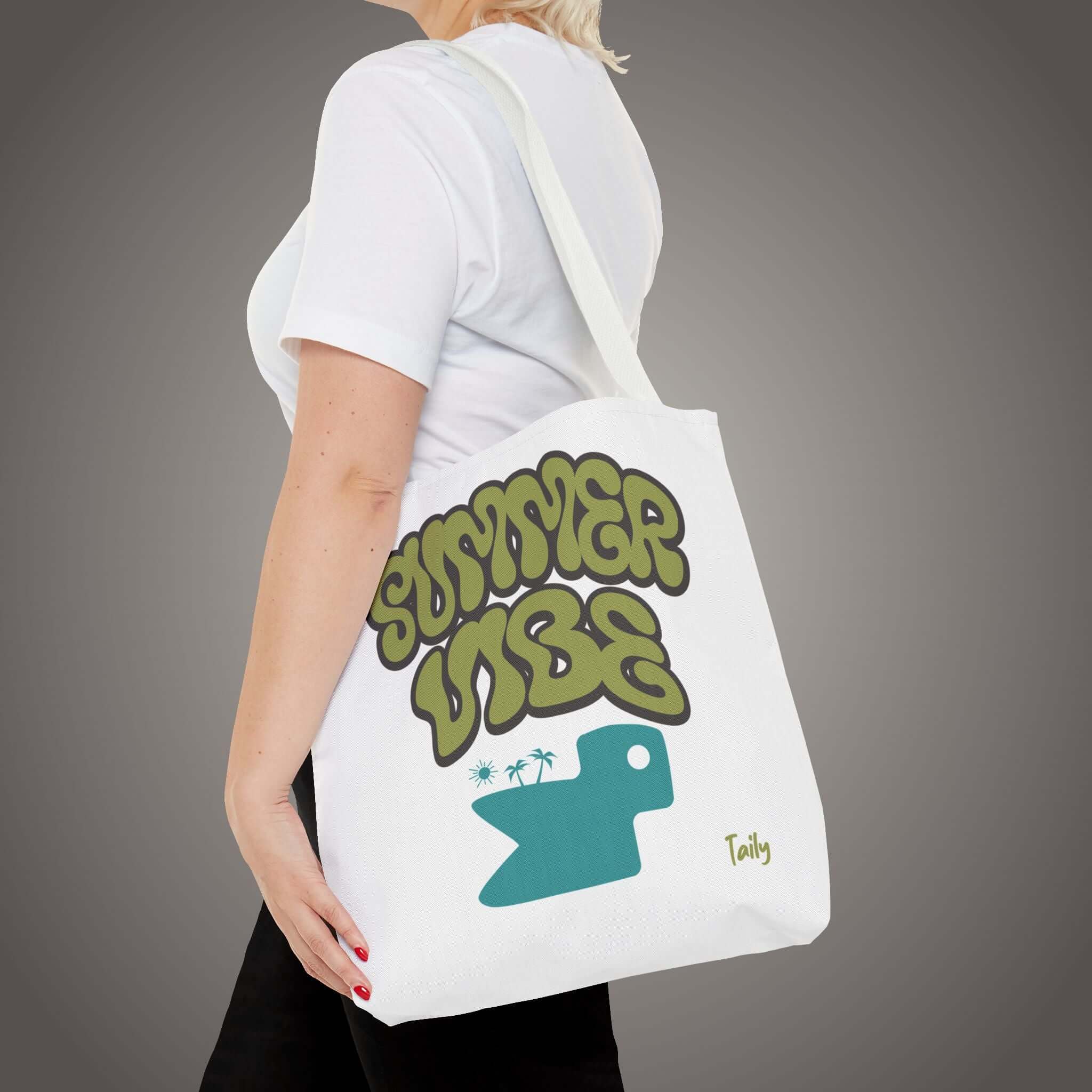 White Summer Vibe Tote Bag by Taily Apparel, featuring retro lettering and a stylish design.