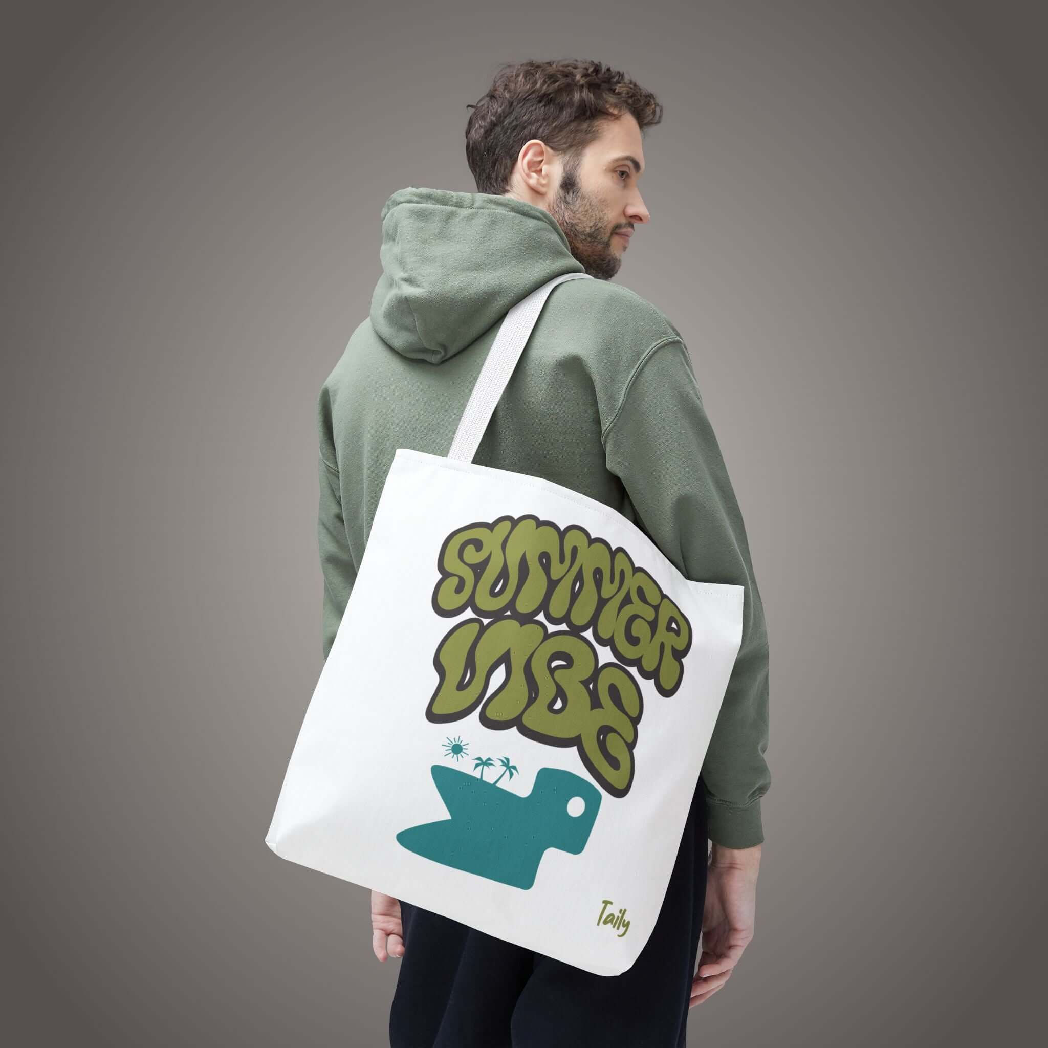 SUMMER VIBE tote bag featuring all-over graphic print, ideal for summer outings and casual style.