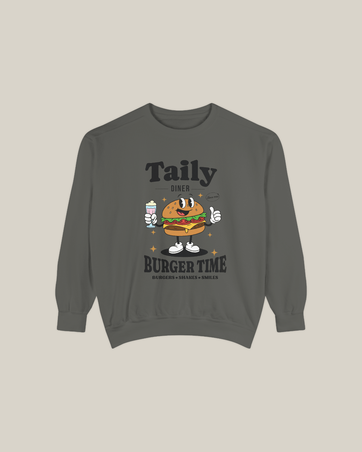 Taily Diner Burger Time sweatshirt featuring a smiling burger mascot and retro diner design.