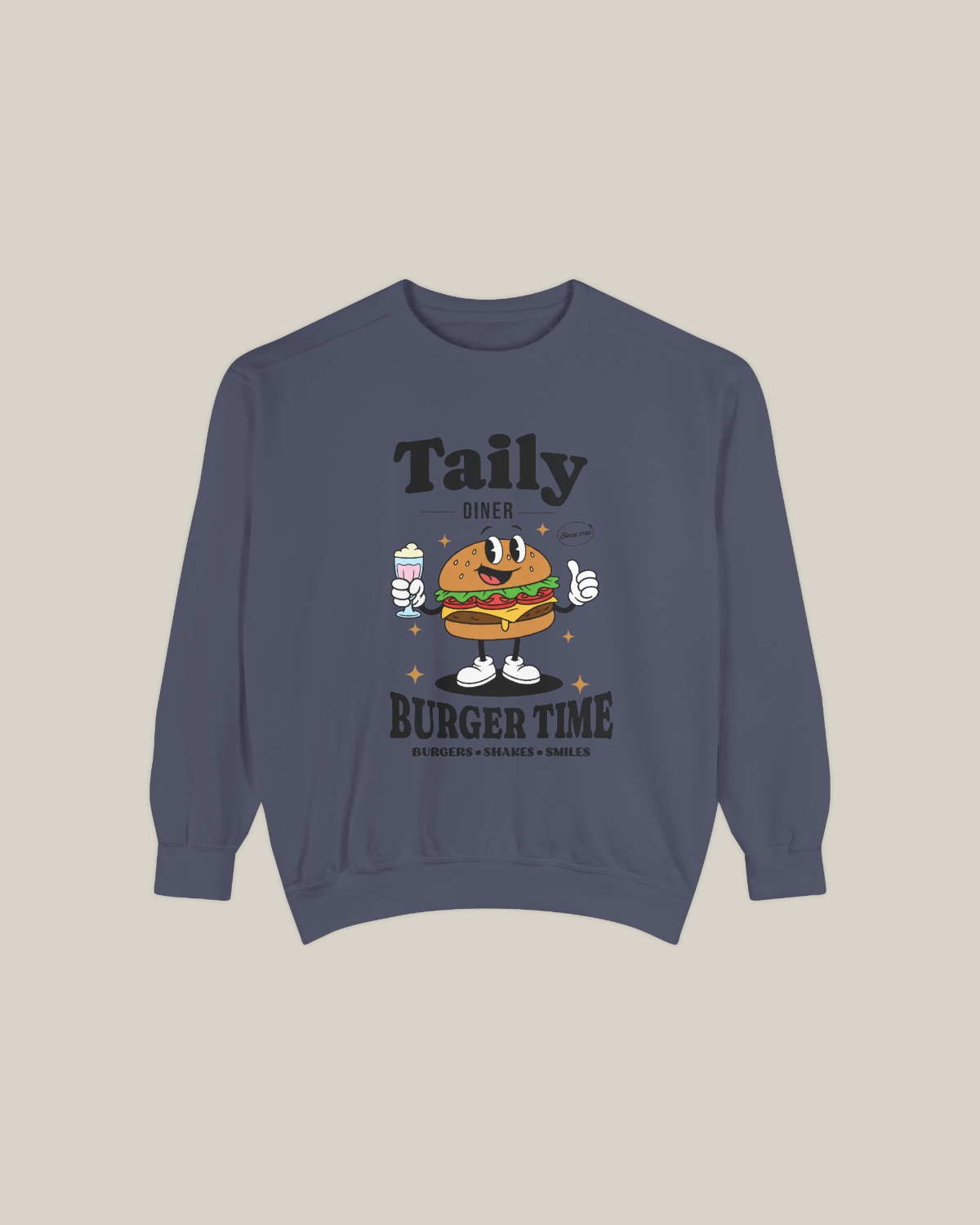 Taily Diner Burger Time sweatshirt featuring a smiling burger mascot and milkshake with slogan Burgers • Shakes • Smiles.