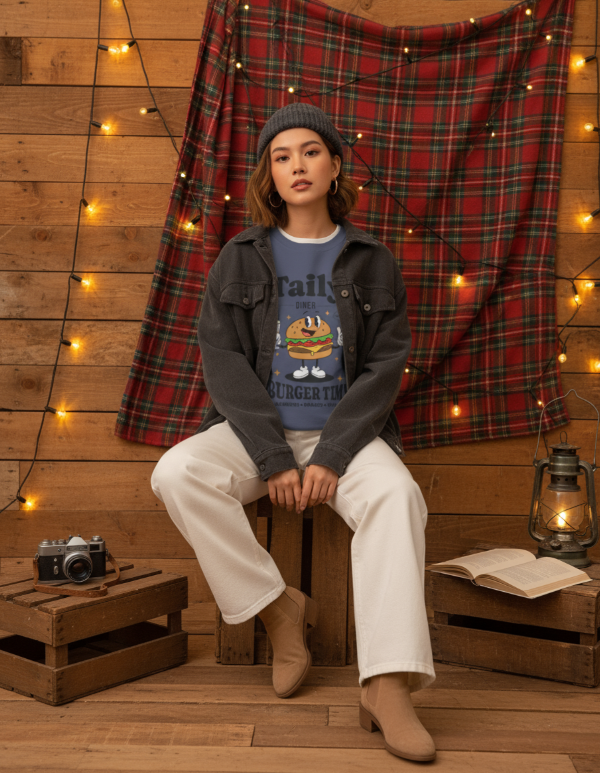 Model wearing Taily Diner Burger Time sweatshirt with a smiling burger mascot, styled in a cozy diner-inspired setting.