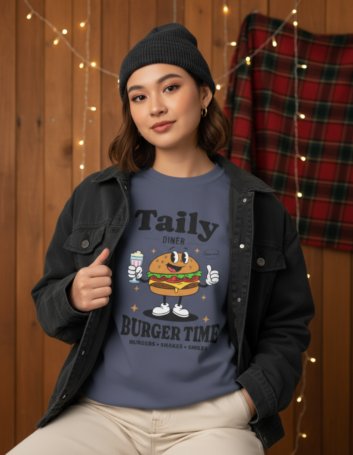Model wearing Taily Diner Burger Time sweatshirt with burger mascot, smiles, and slogan in a cozy setting.