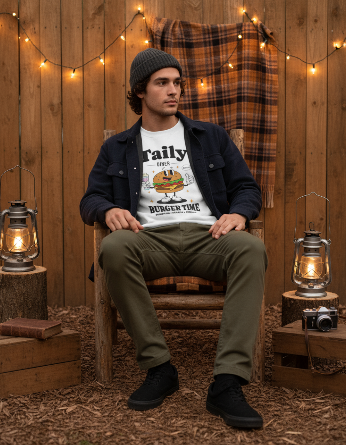 Man sitting in a cozy setting wearing Taily Diner Burger Time sweatshirt with lanterns around.