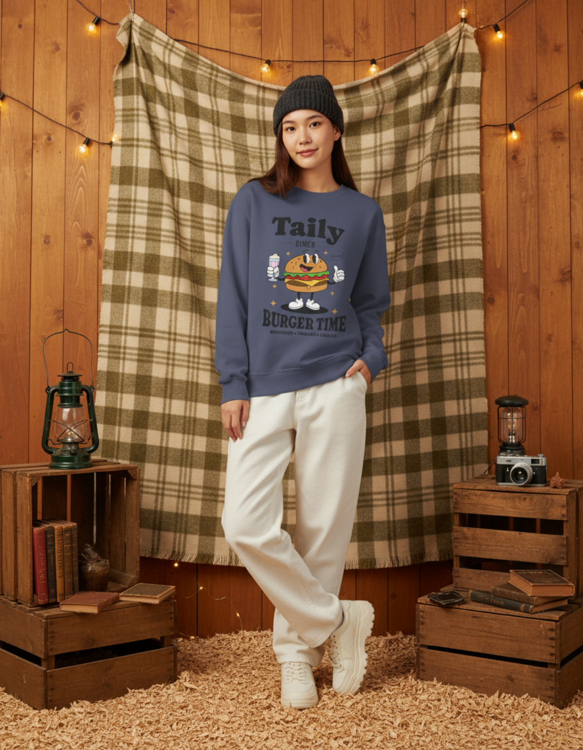 Woman wearing Taily Diner Burger Time sweatshirt in denim, standing in a cozy wooden setting with warm lights.