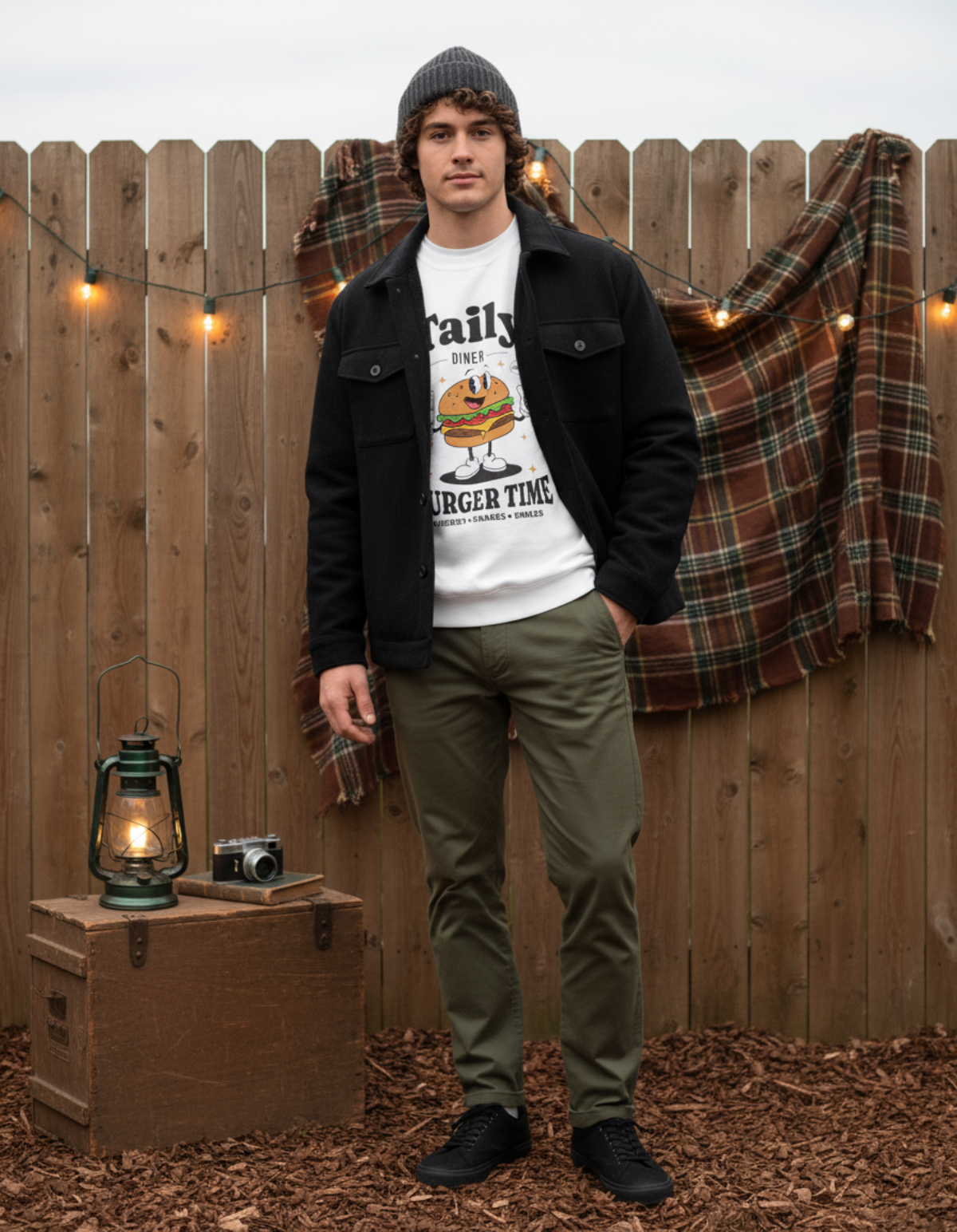 Man wearing Taily Diner Burger Time sweatshirt, standing outdoors with plaid backdrop and vintage lantern.