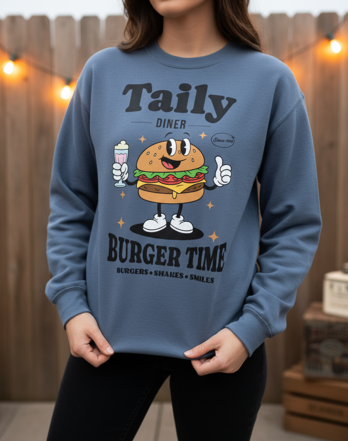Taily Diner Burger Time sweatshirt featuring a smiling burger mascot and slogan Burgers • Shakes • Smiles