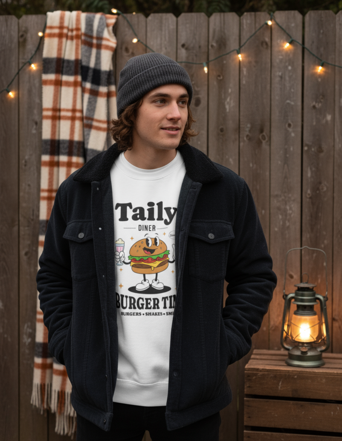 Man wearing a Taily Diner Burger Time sweatshirt in white, smiling with a burger mascot design, outdoors.