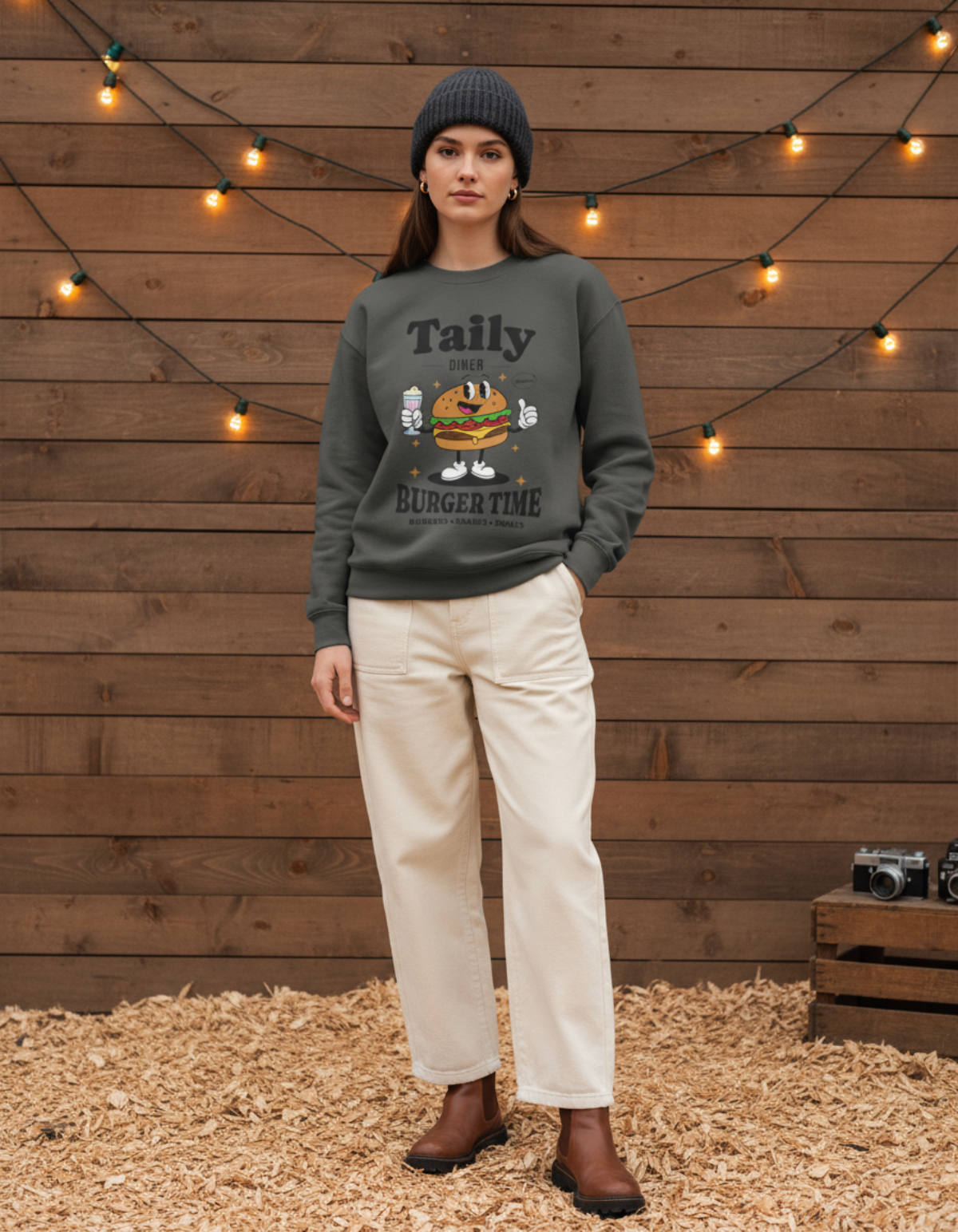 Model wearing Taily Diner Burger Time sweatshirt featuring a playful burger mascot and retro design.