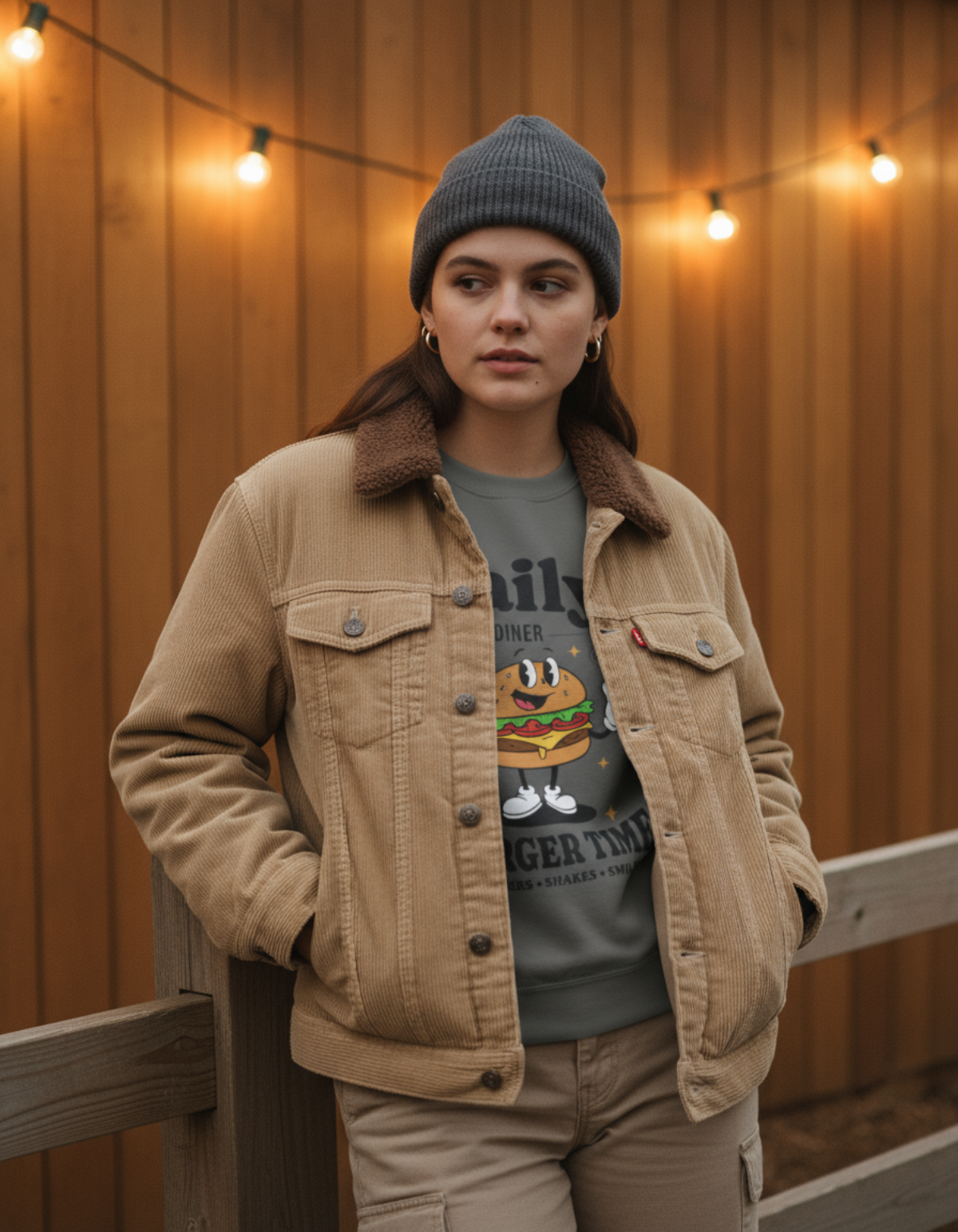 Woman wearing Taily Diner Burger Time sweatshirt with a burger mascot, styled with a jacket and beanie.