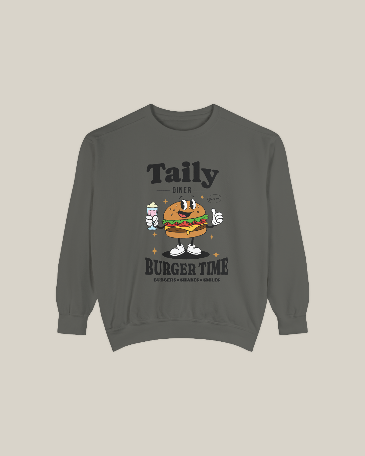 Taily Diner Burger Time sweatshirt featuring a cheerful burger mascot with a milkshake and slogan.
