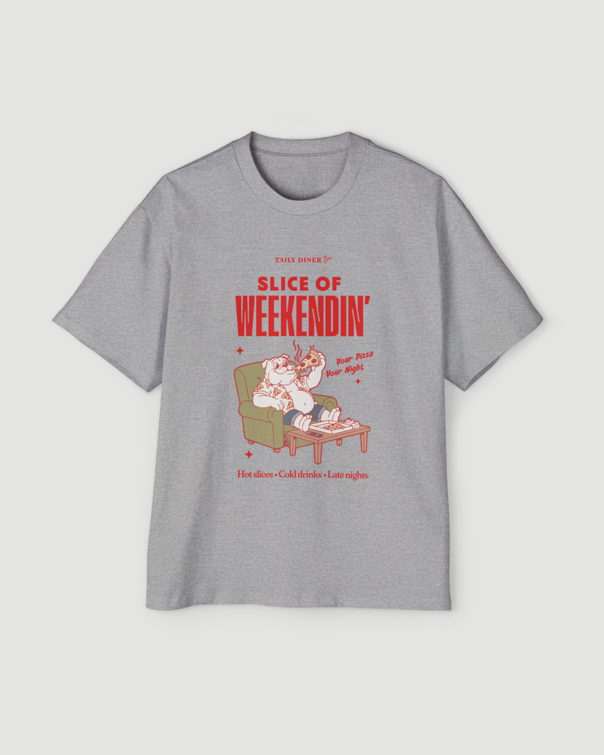 Oversized Pizza T-Shirt – Slice of Weekendin’ (Athletic Heather)