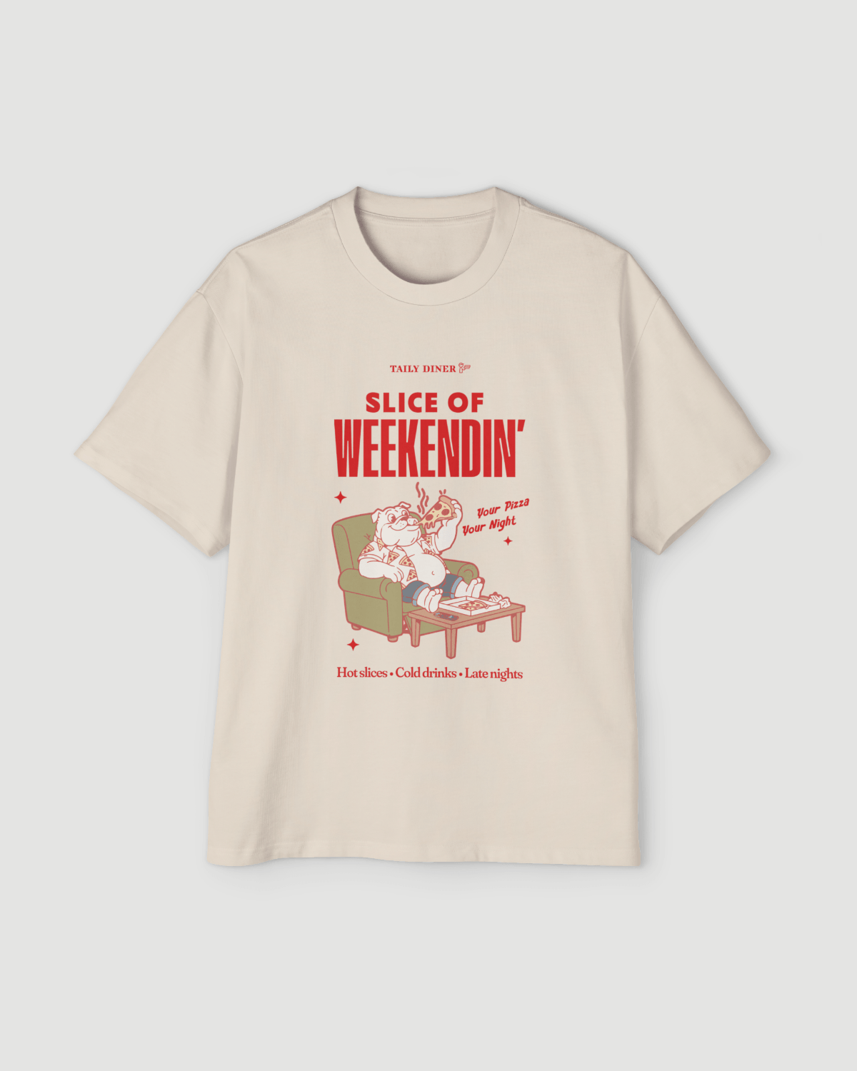 Oversized Pizza T-Shirt – Slice of Weekendin’ (Ecru) featuring a relaxed graphic design.
