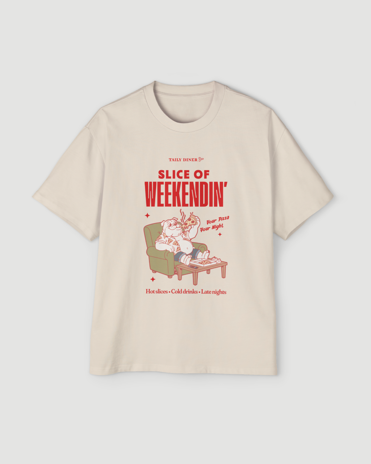Oversized Pizza T-Shirt – Slice of Weekendin’ (Ecru)