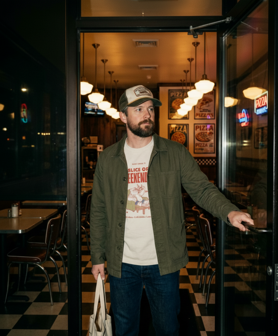 Man entering a diner wearing an Oversized Pizza T-Shirt – Slice of Weekendin’ (Ecru), surrounded by a retro pizza scene.
