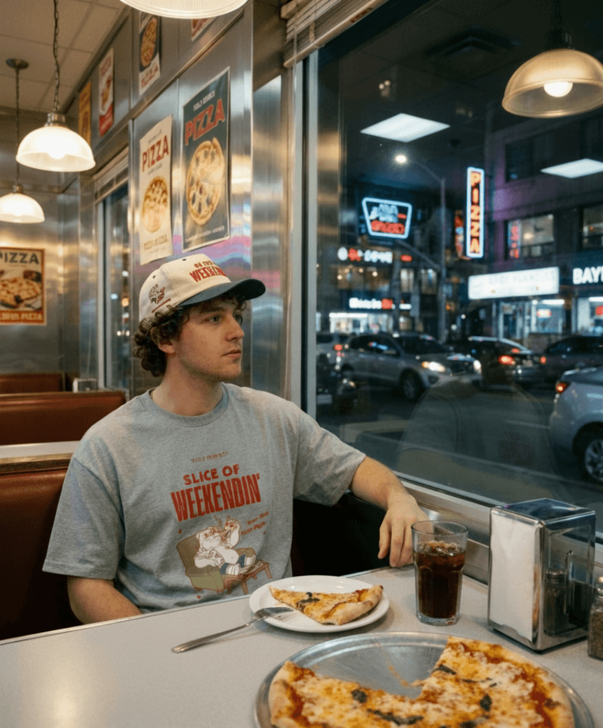 Oversized Pizza T-Shirt – Slice of Weekendin’ (Athletic Heather) worn by a young man in a diner setting.