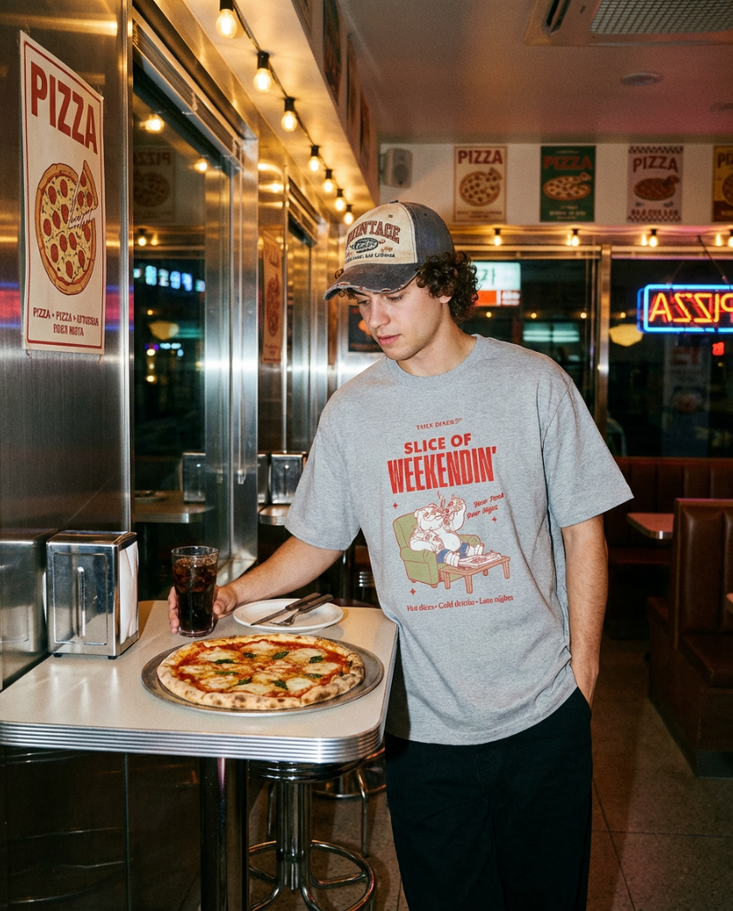 Oversized Pizza T-Shirt – Slice of Weekendin’ (Athletic Heather)
