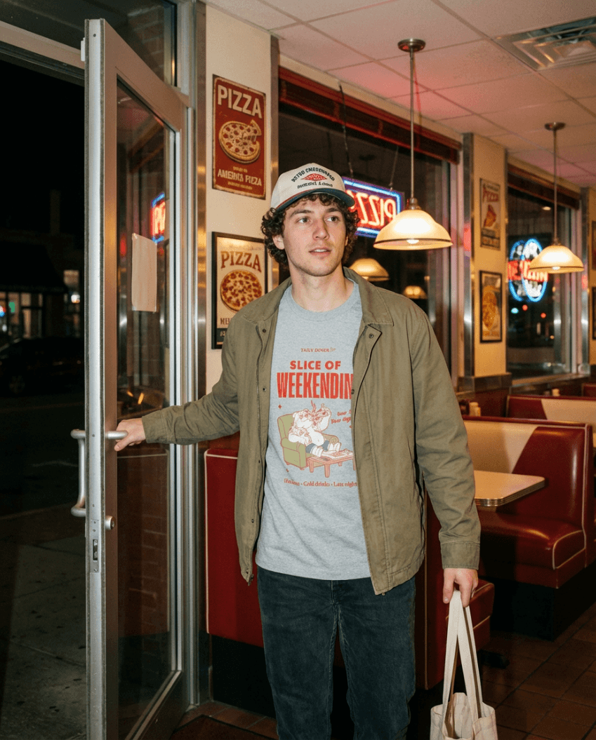 Oversized Pizza T-Shirt – Slice of Weekendin' (Athletic Heather) worn by a man entering a pizza diner.