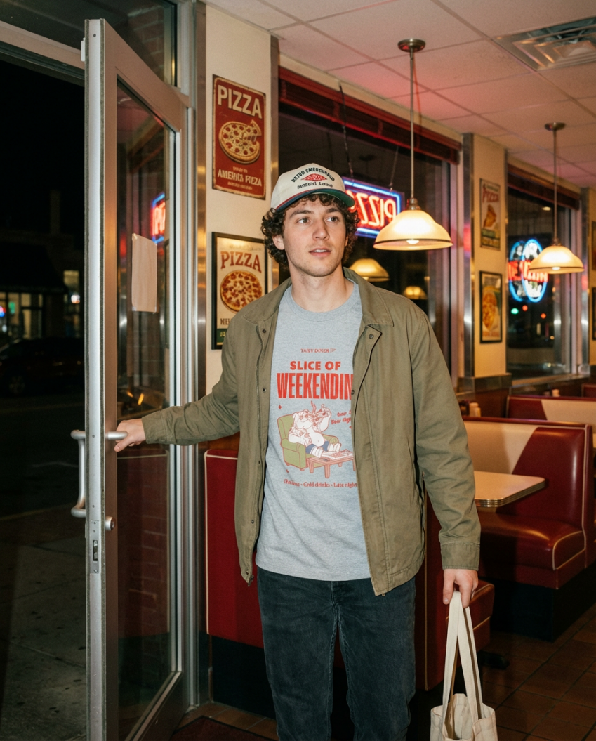 Oversized Pizza T-Shirt – Slice of Weekendin’ (Athletic Heather)