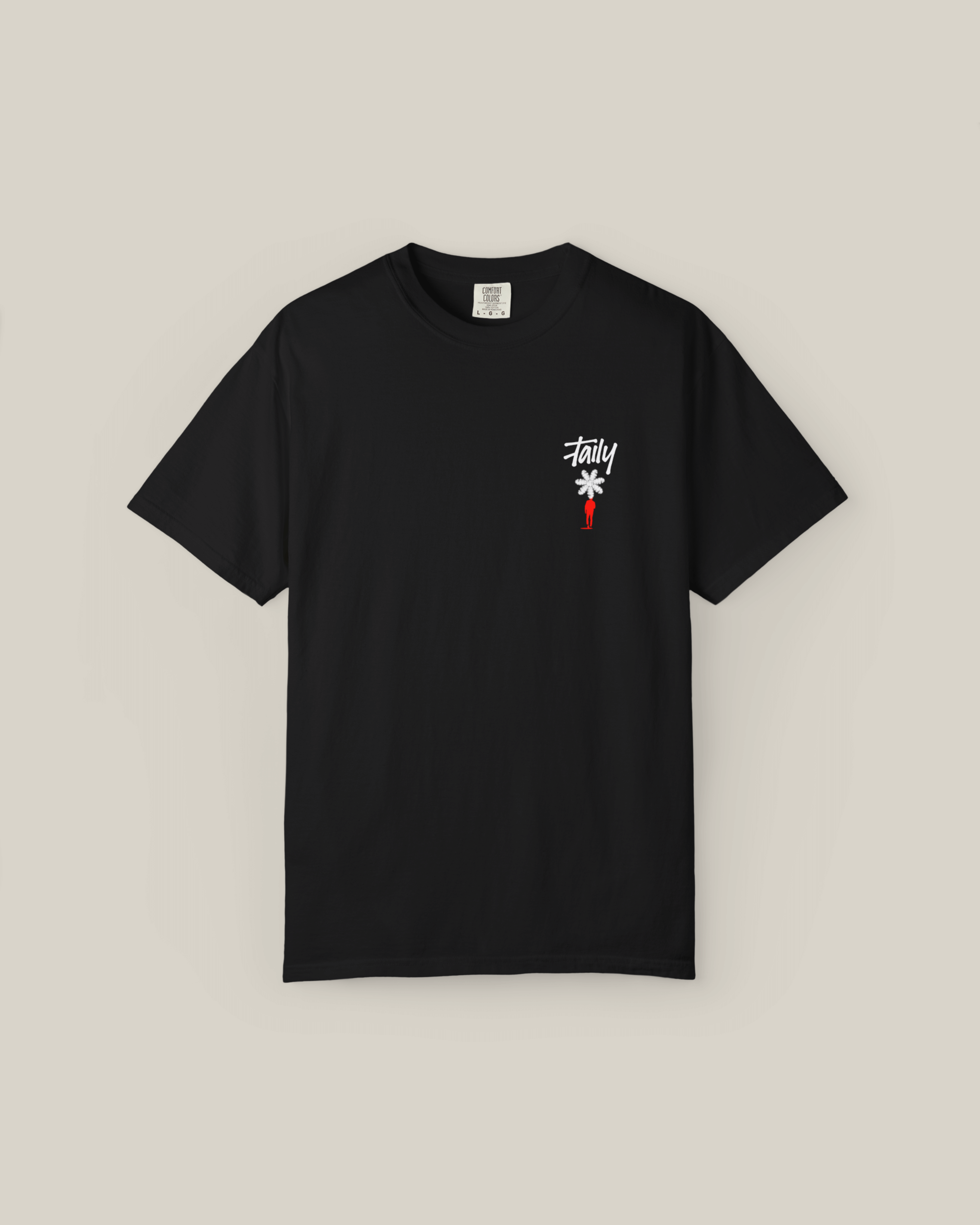 Taily Bloom streetwear graphic t-shirt in black with a chest logo and red flower design.