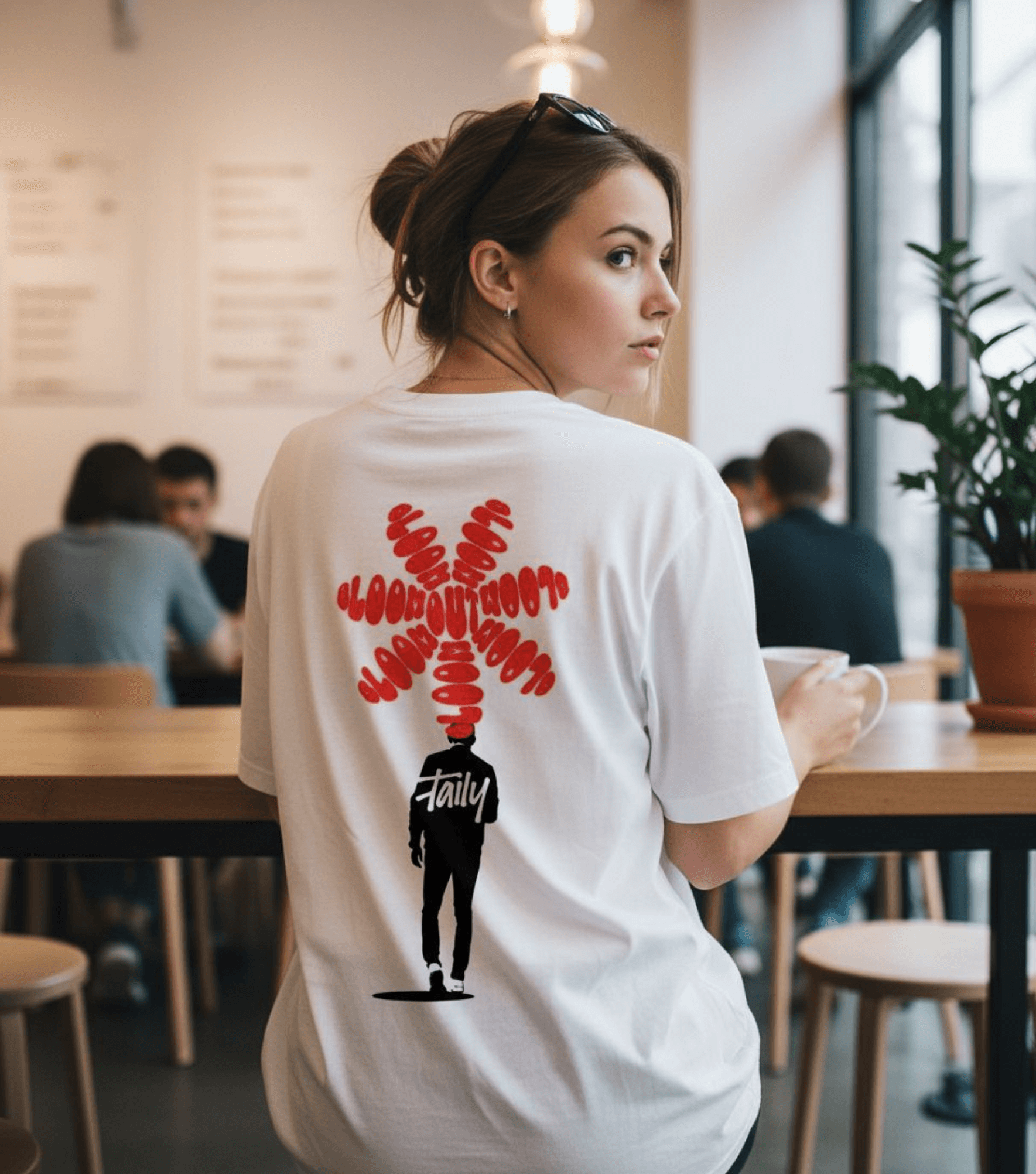 Taily Bloom Streetwear Graphic T-shirt in white, showcasing back logo and bold BLOOM artwork.