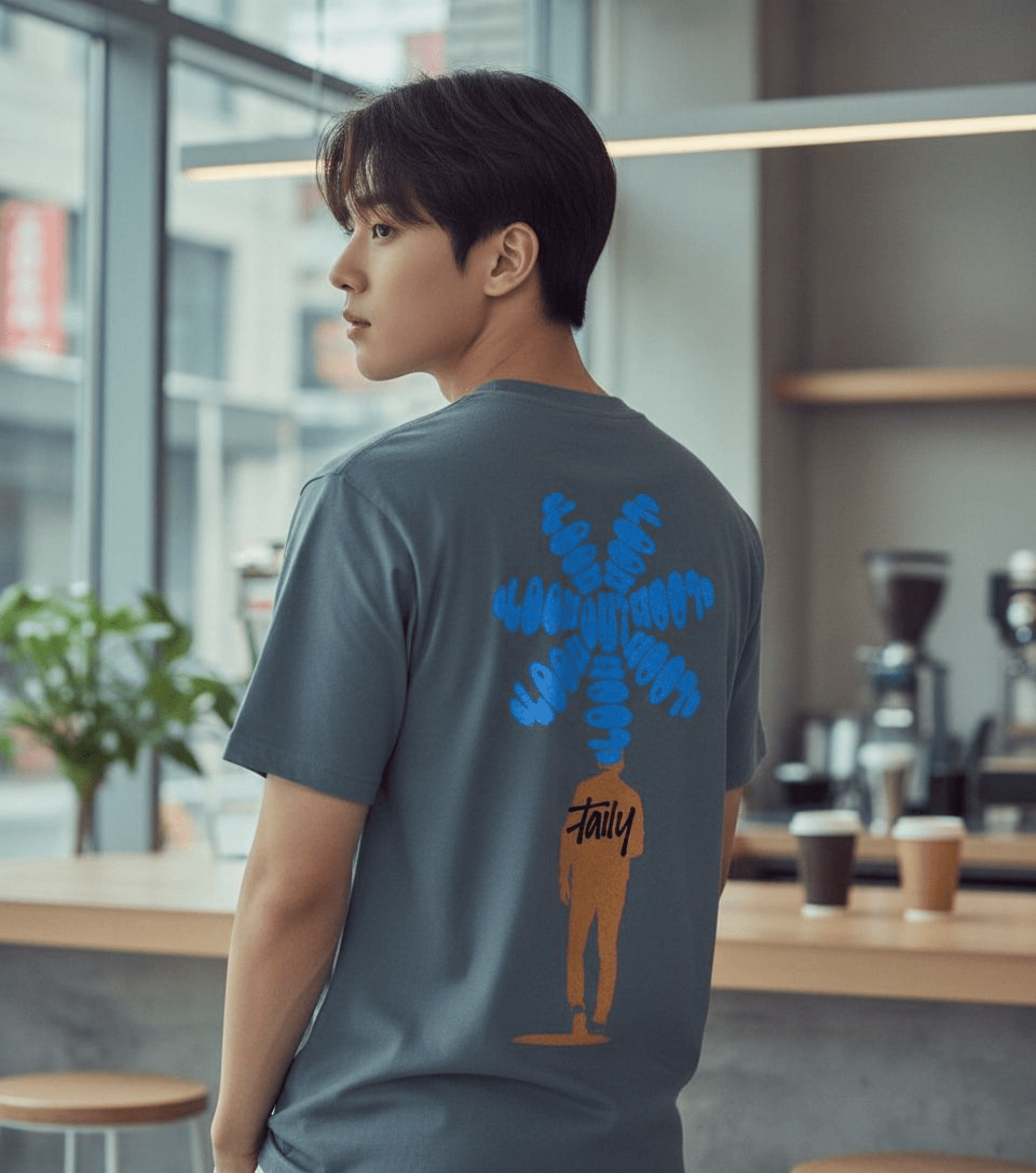 Taily Bloom Tee in ice blue, showcasing streetwear graphic t-shirt with bold design on back.