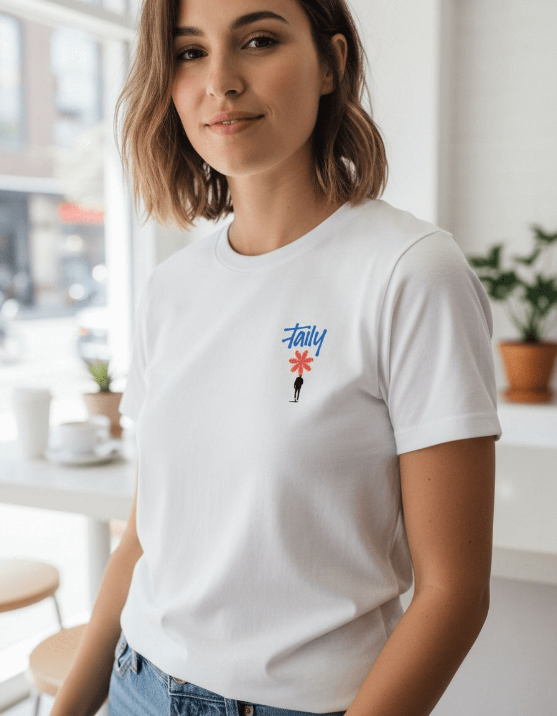 Taily Bloom streetwear graphic t-shirt in white featuring chest logo, worn by a model in a bright indoor setting.