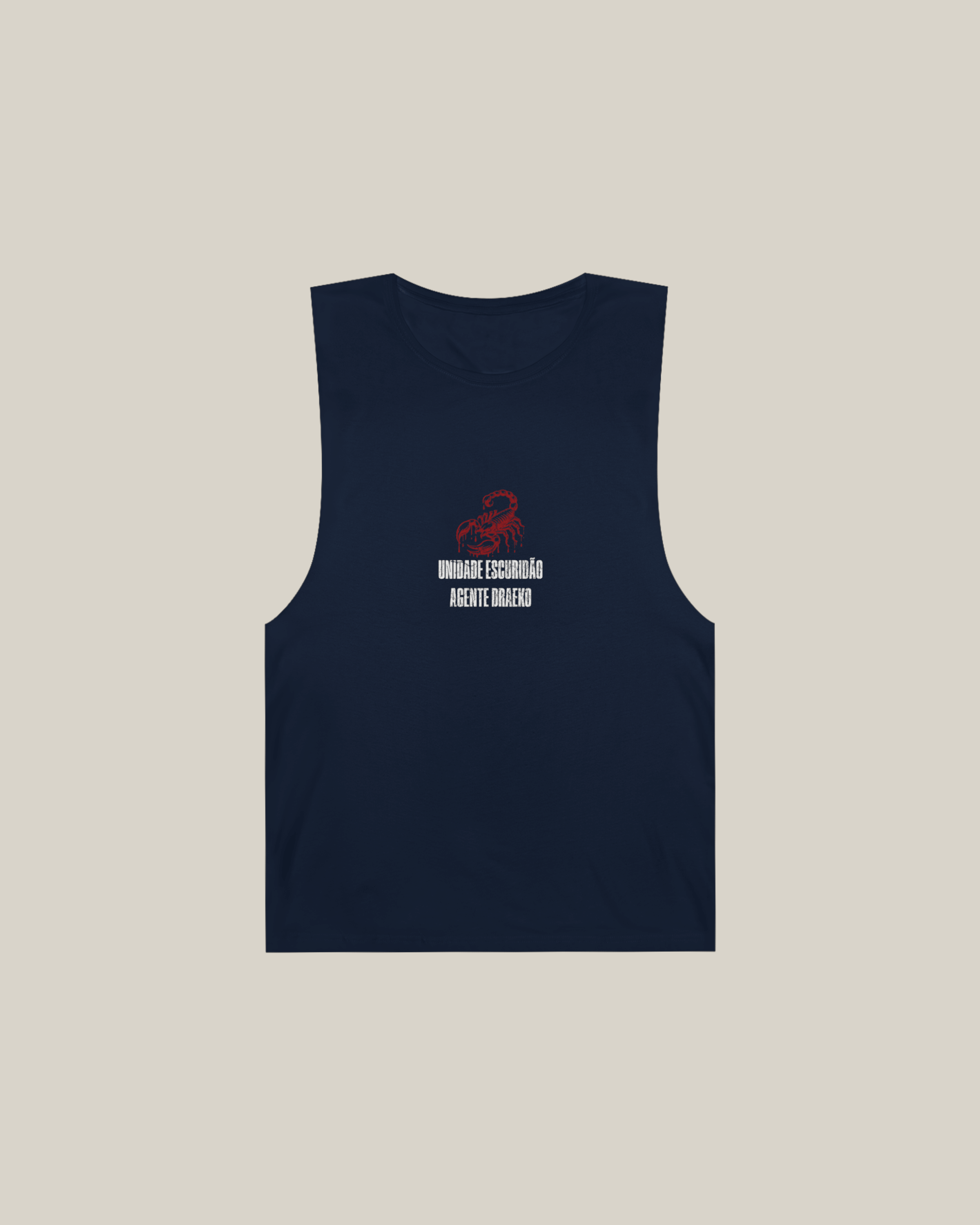 Navy tank top with bold red scorpion graphic on the back and small chest logo, embodying street style.