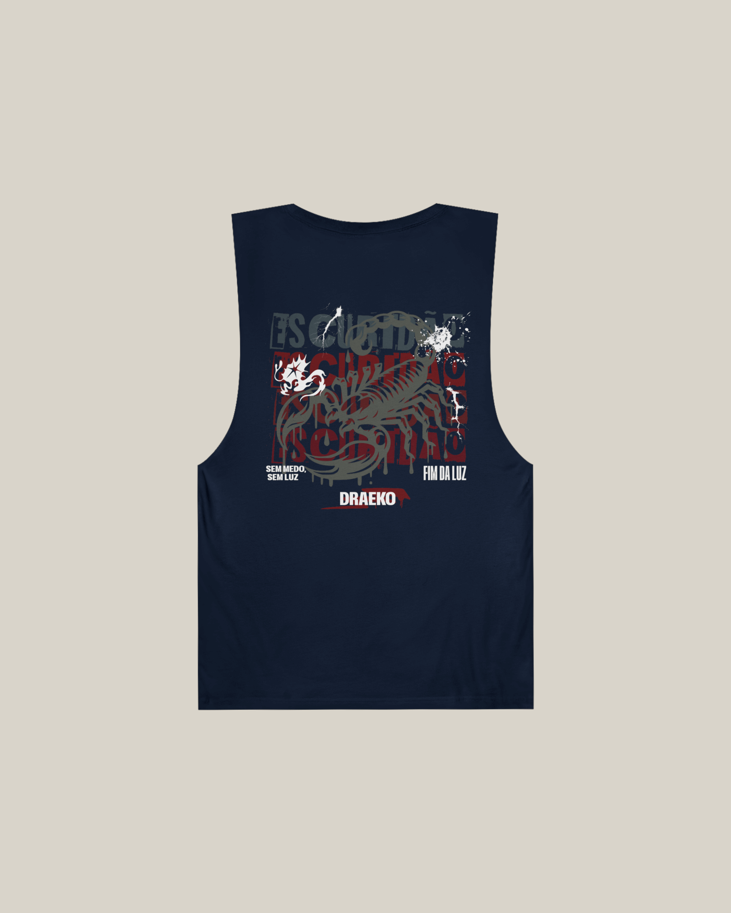 Navy tank top featuring a red scorpion graphic and small logo, perfect for streetwear style.