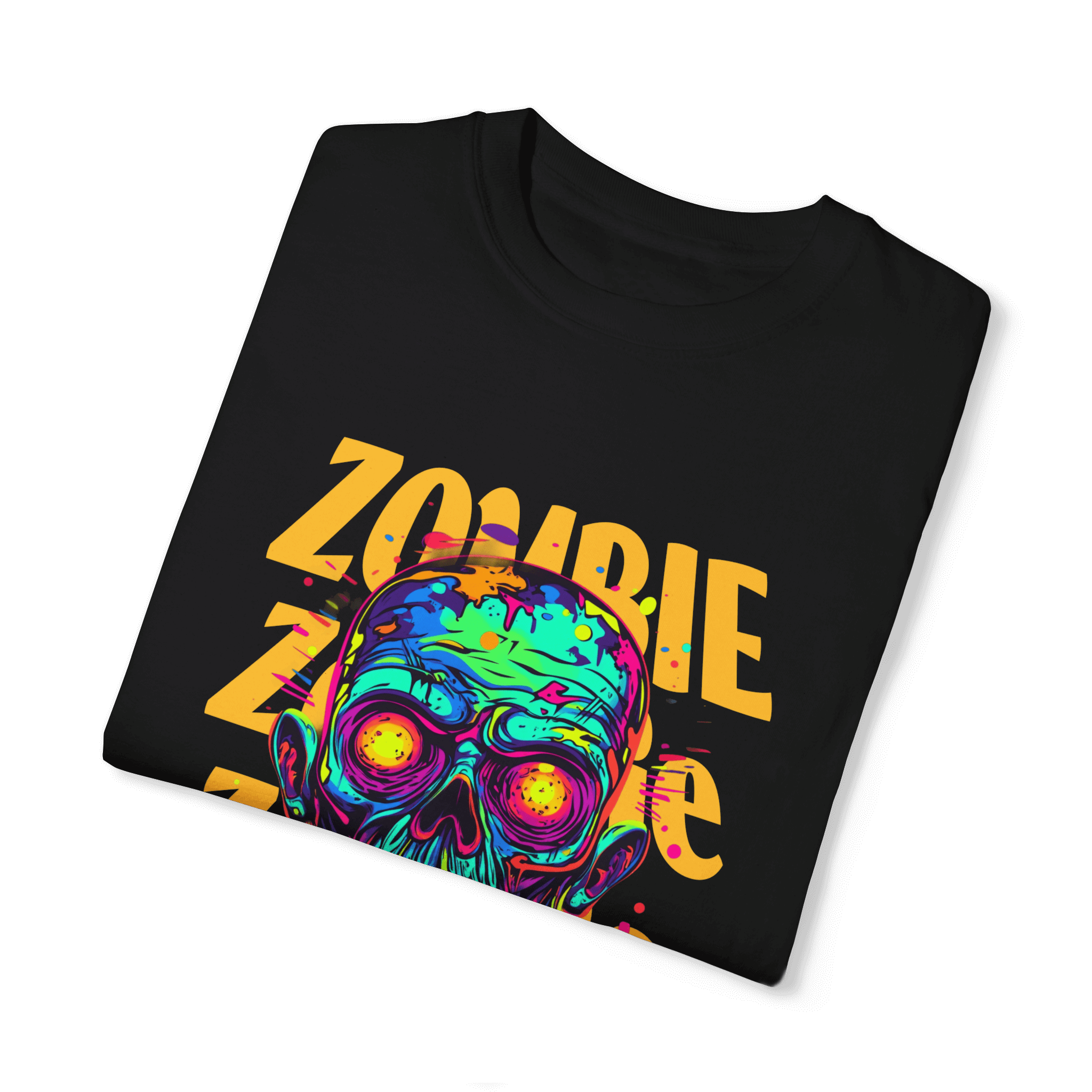 Zombie Contagion Unisex T-Shirt featuring vivid zombie graphic design on black background, perfect for horror fans.