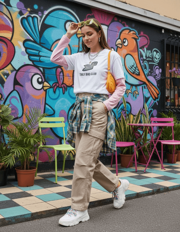 Model wearing Taily Bird Club Streetwear Boxy T-Shirt, styled with cargo pants and a plaid shirt, standing in front of colorful graffiti.