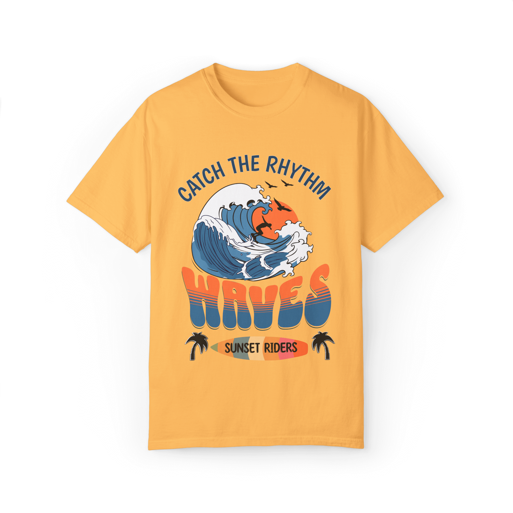 Waves Sunset Riders Tee in yellow with surf graphic, embodying lifestyle and comfort vibes.