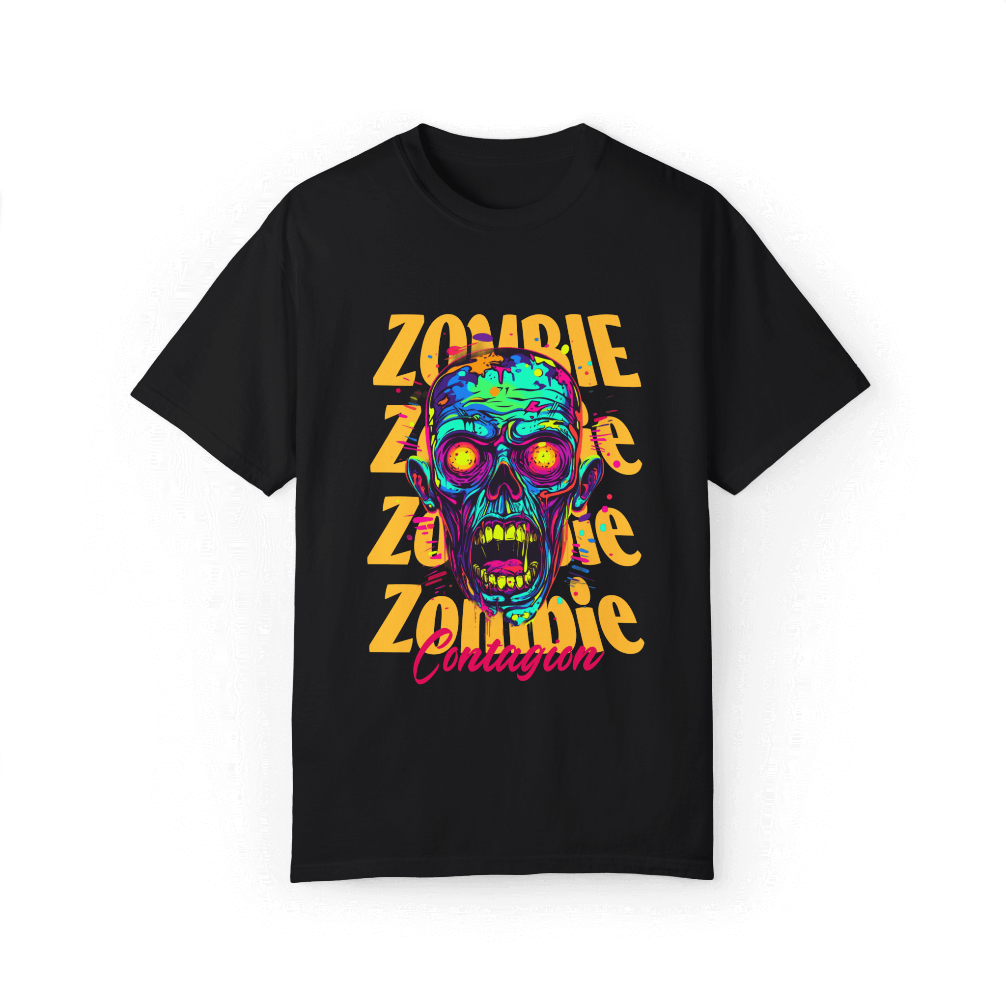 Zombie Contagion unisex t-shirt featuring a colorful zombie graphic, perfect for horror fans and comfort wear.