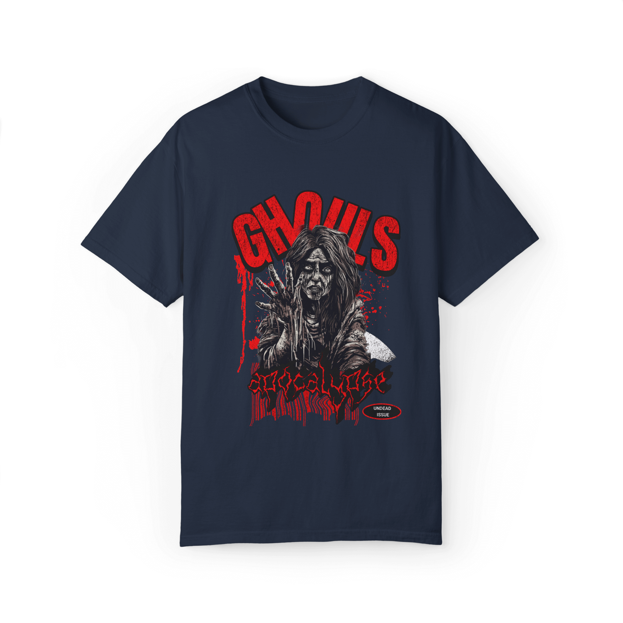 Ghouls graphic tee with horror design, featuring a creepy zombie illustration on navy fabric.