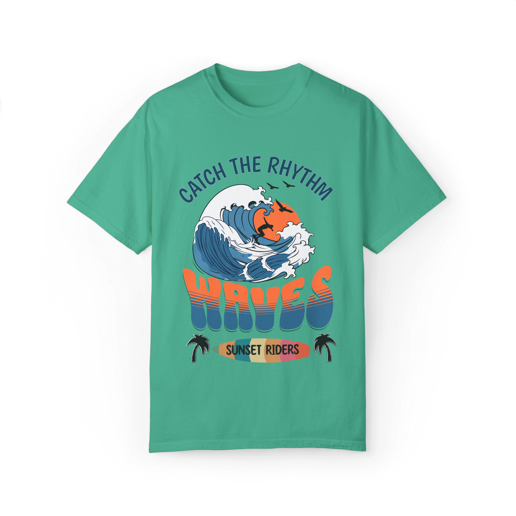Waves Sunset Riders Tee in teal, featuring surf-inspired graphics for lifestyle comfort tee lovers.