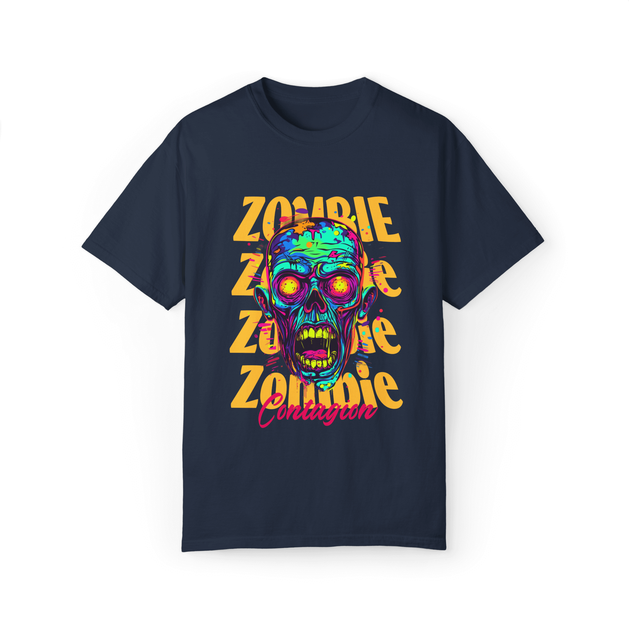 Zombie Contagion unisex t-shirt featuring a vivid graphic design of a zombie, perfect for horror fans and comfortable wear.
