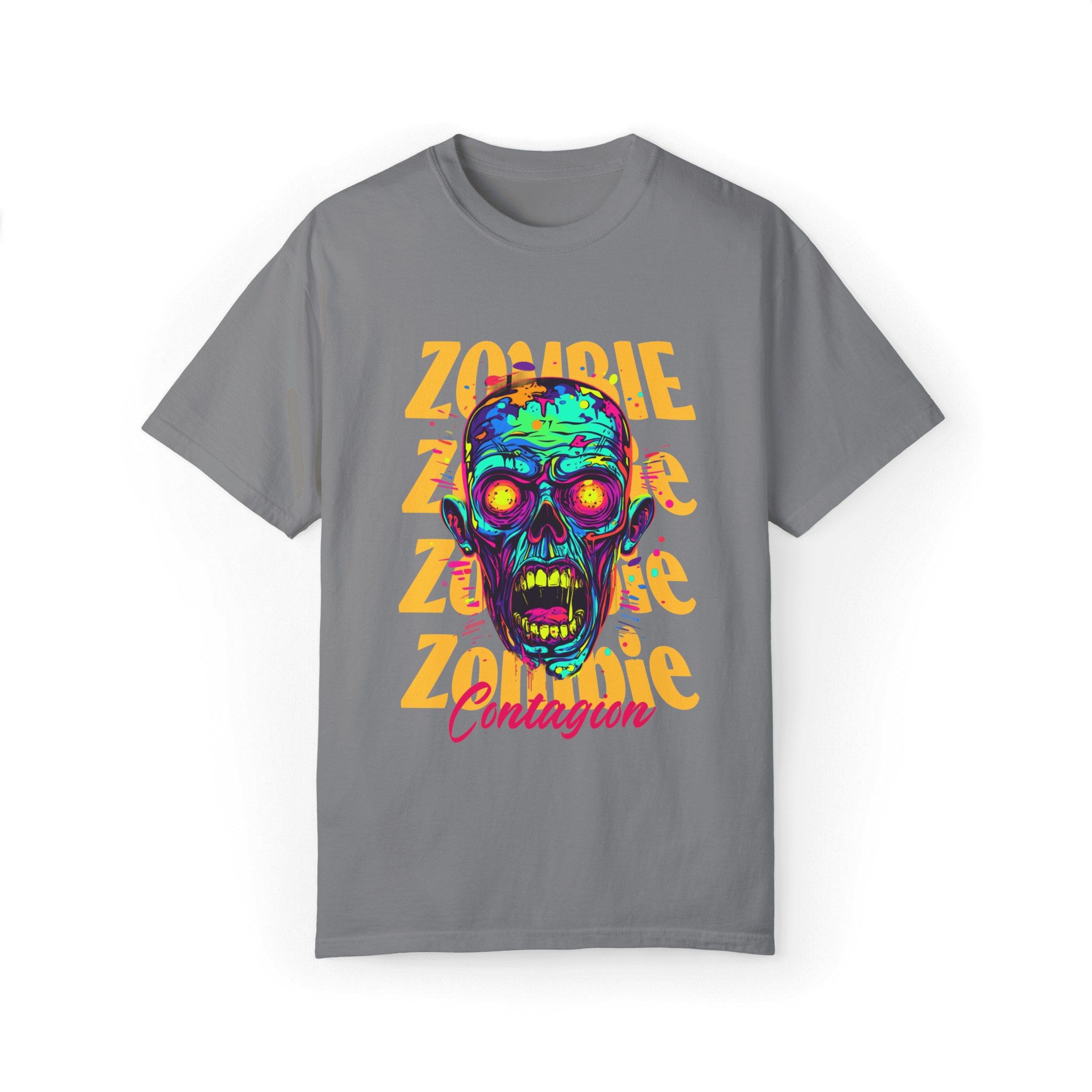 Zombie Contagion unisex t-shirt featuring a vibrant zombie graphic design, perfect for horror fans and comfort wear.