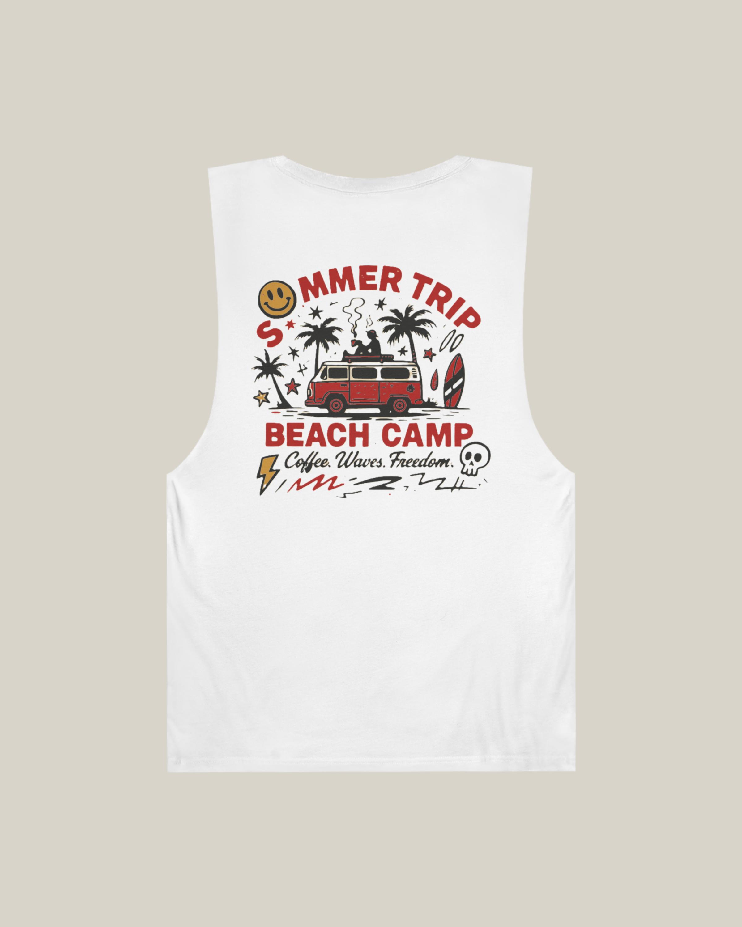 Taily Summer Trip Tank – Red Graphic, a streetwear graphic tank with bold summer trip print and beach camp theme.