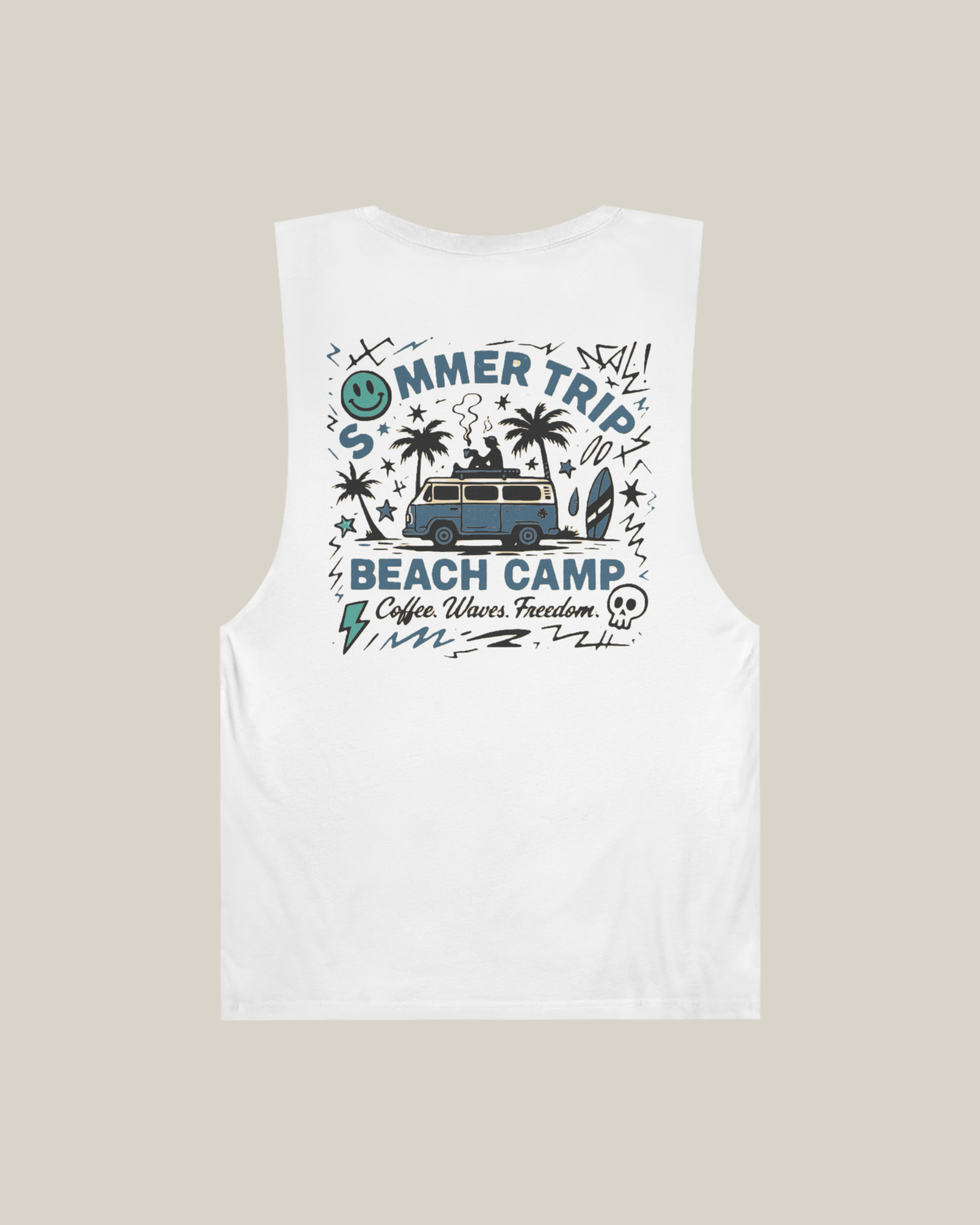 Taily Summer Trip Tank – Blue Graphic, a streetwear graphic tank featuring bold beach camp artwork.