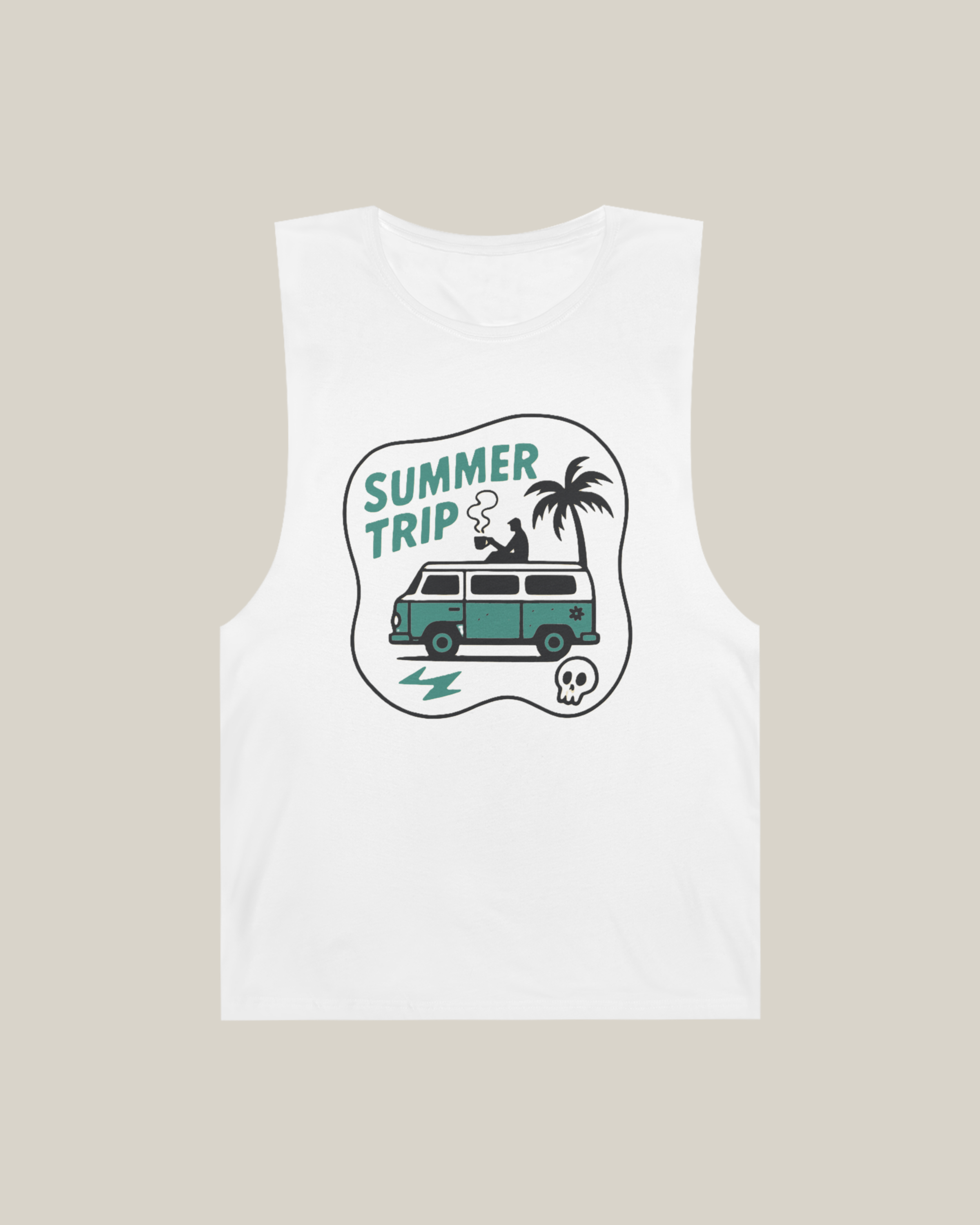 Streetwear graphic tank featuring bold 'Summer Trip' graphic with a van and palm trees.