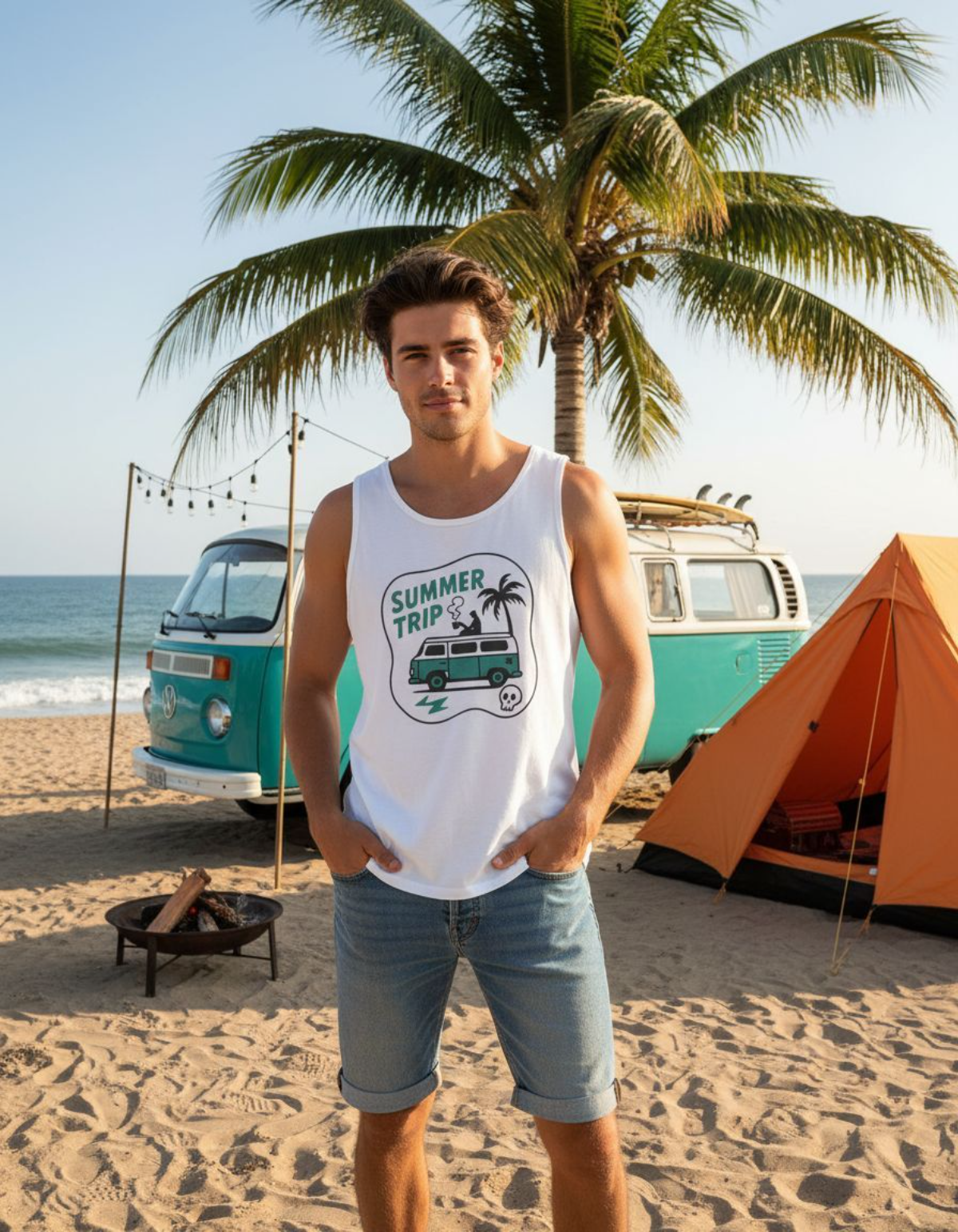 Young man wearing Taily Summer Trip Tank – Blue Graphic, a streetwear graphic tank, on a beach with palm trees.