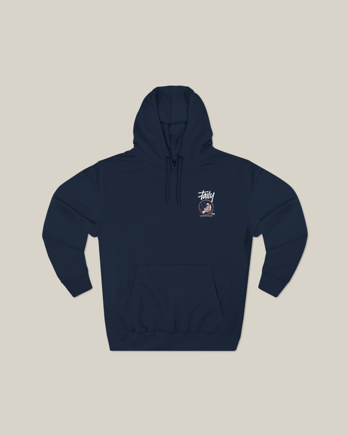 Taily Space Club Streetwear Graphic Hoodie in navy featuring astronaut graphic and "Floating in the Void" text.