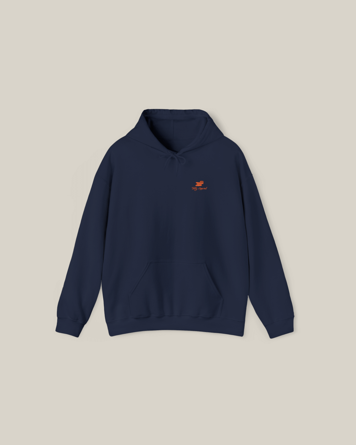 Taily Bird embroidered hoodie in navy color with orange bird embroidery and front pocket.