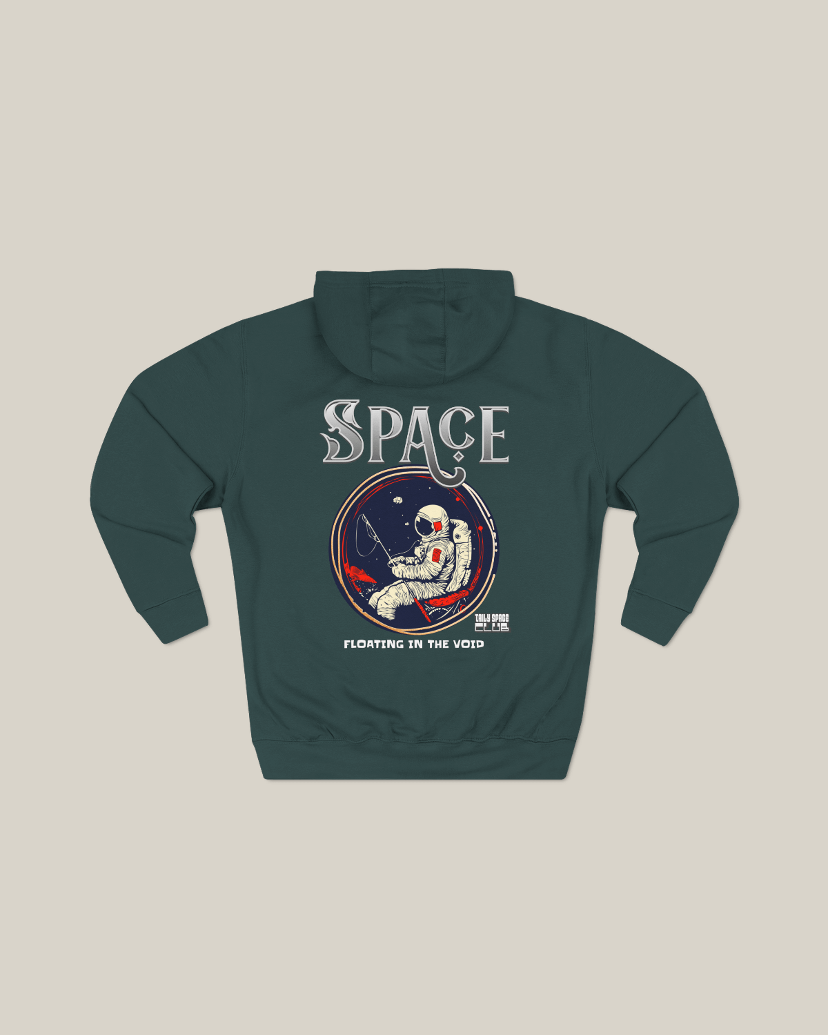 Taily Space Club Streetwear Graphic Hoodie in sports green with astronaut design and "Floating in the Void" text.