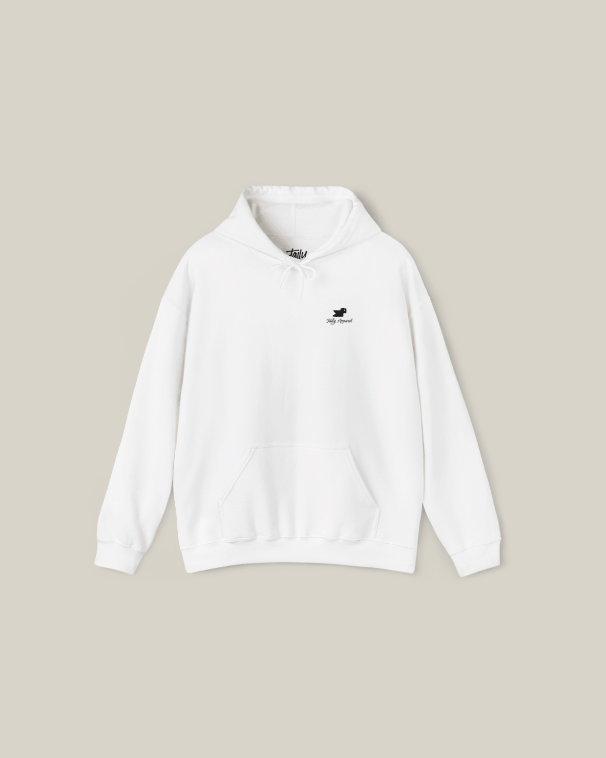 Taily Bird embroidered hoodie in white minimal streetwear style, featuring small bird embroidery on the front.