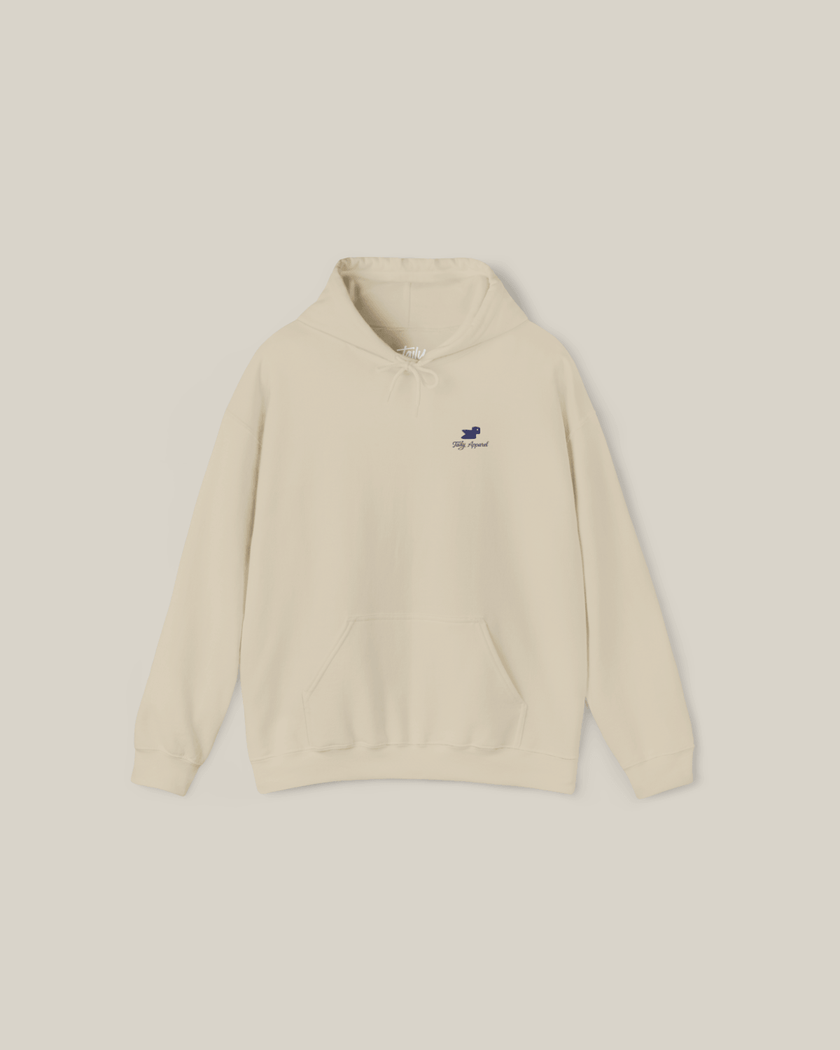 Taily Bird embroidered hoodie in sand color with signature embroidery design for minimal streetwear style.
