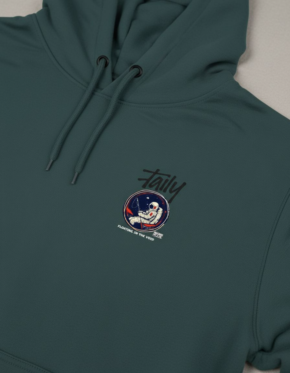 Taily “Space Club” Streetwear Graphic Hoodie in sports green with astronaut design and "Floating in the Void" slogan.