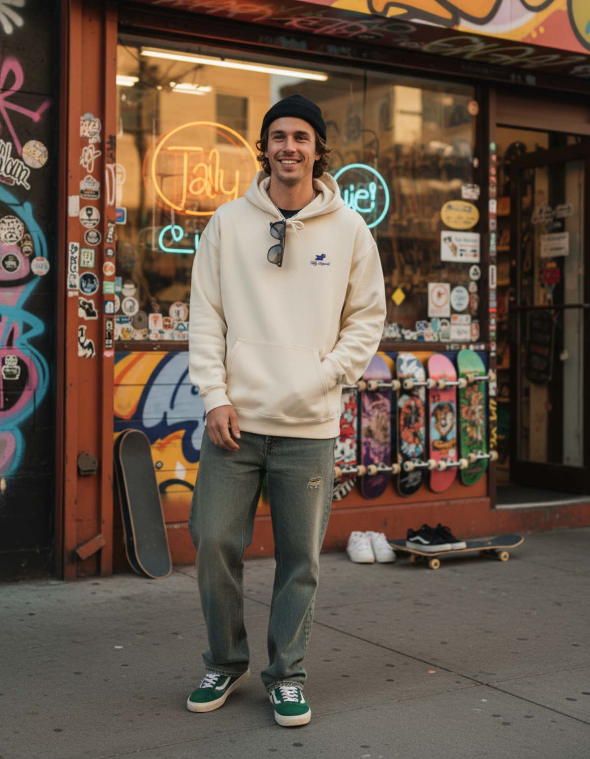 Taily Bird embroidered hoodie in sand worn by a man standing in front of a colorful streetwear shop.