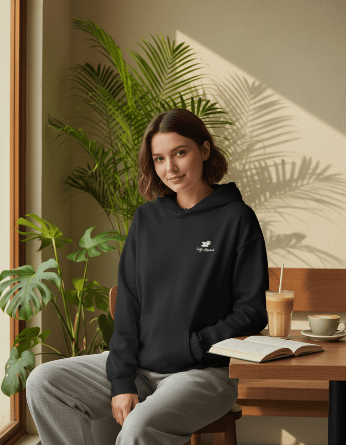 Woman wearing Taily Bird embroidered hoodie in black, sitting in a cozy space with plants and a coffee.