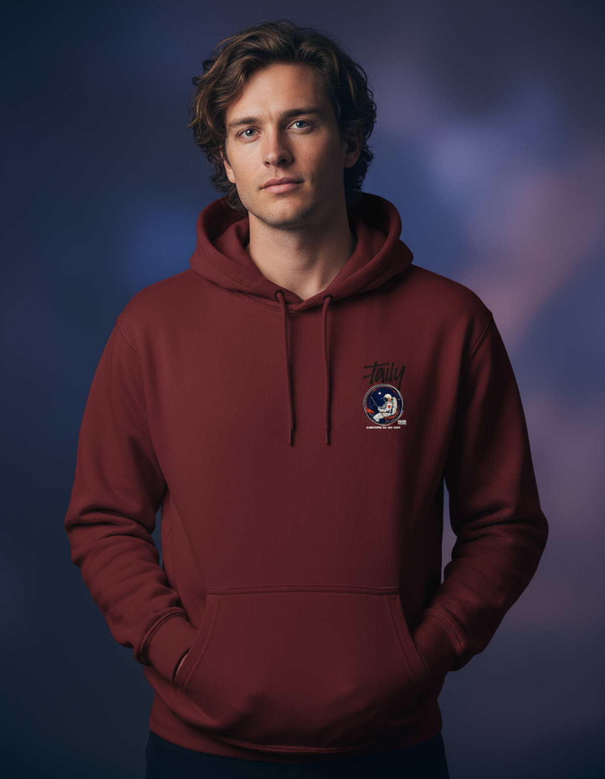 Taily Space Club Streetwear Graphic Hoodie in burgundy worn by a model against a cosmic background.